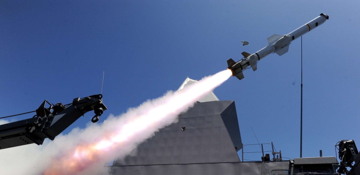 One of the two Harpoon missiles launched from the Republic of Singapore (RSN)