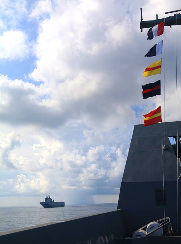 The Republic of Singapore Navy (RSN)'s RSS Formidable sailing during SIMBEX with the Indian Navy.