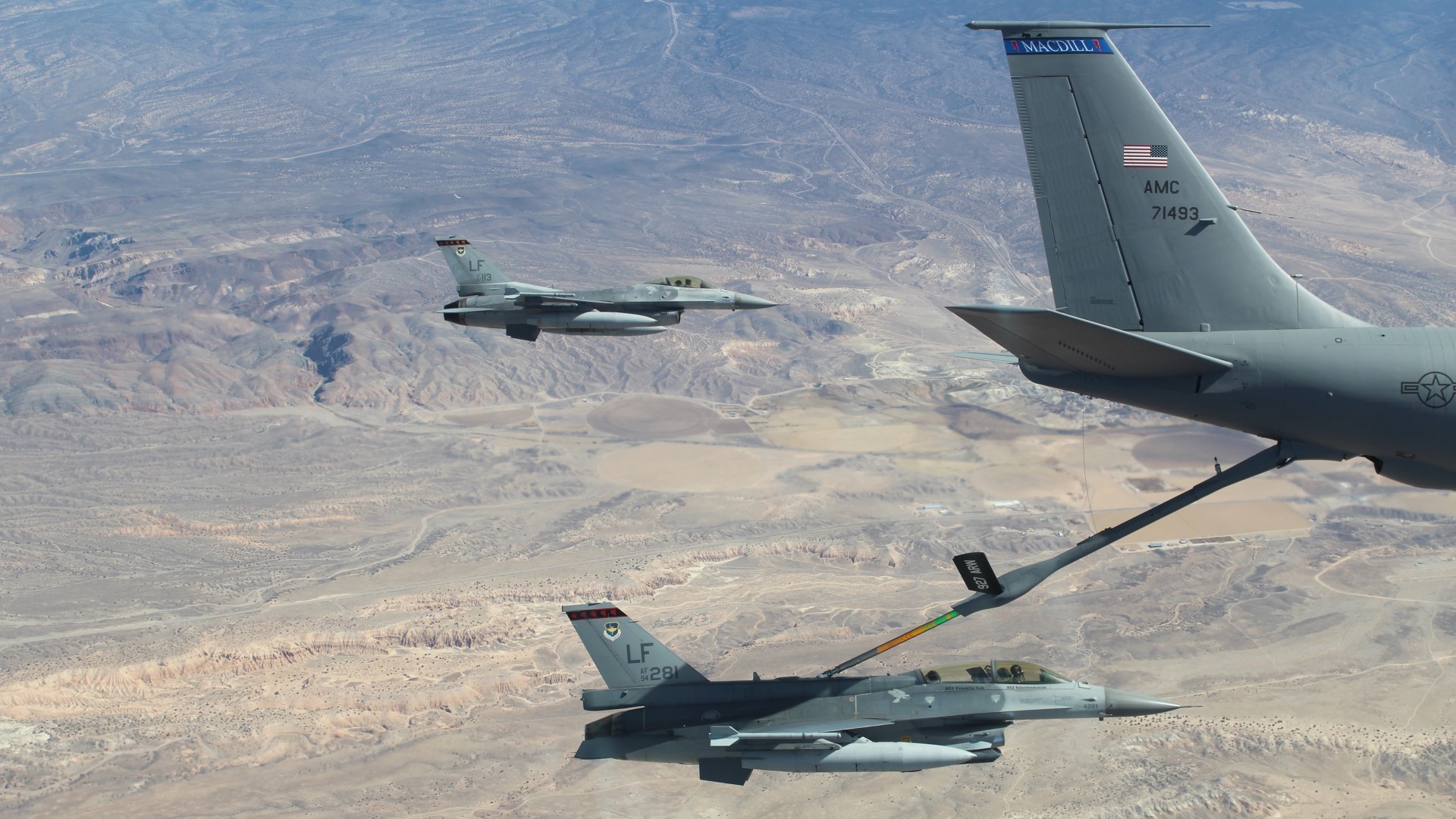 The Republic of Singapore Air Force (RSAF)'s F-16C/D receives fuel from the United States Air Force's KC-135 during Exercise Red Flag – Nellis 2022 (XRFN 22).
